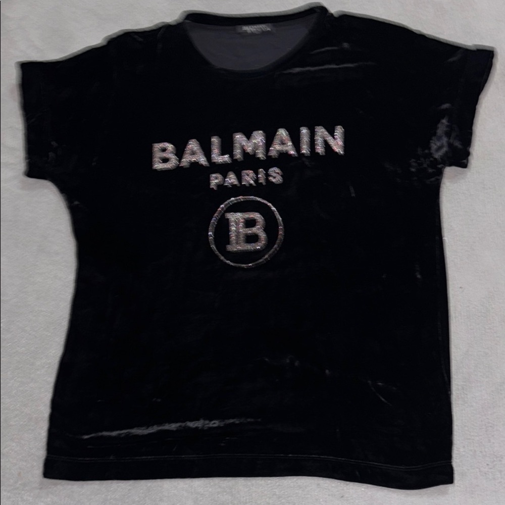 Balmain Black velvet tee this glitter logo, used